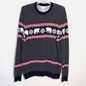 Aspen Mens L Sweater Cotton Knit Polar Bear Snowflake Fair Isle Blue Winterwear